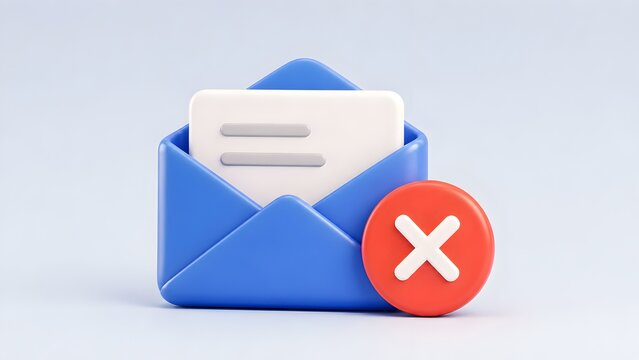 3D Blue Envelope Message with Red Cross Mark Icon for Failed Email Delivery or Rejected Mail