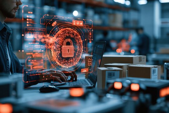 A person's hands type on a laptop keyboard, interacting with a futuristic glowing red holographic interface featuring a prominent padlock icon, symbolizing advanced cybersecurity measures and data.