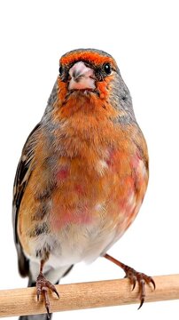 Common linnet perched on a wooden stick against a plain isolated white background