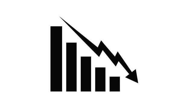 Financial loss bar chart vector icon showing decreasing sales report and sharp downward trending arrow.