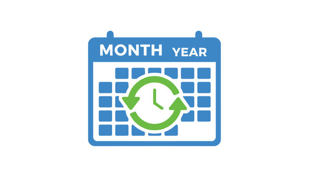 Blue calendar icon with a green recycling clock arrow symbol in the middle, representing recurring schedules or appointment planning.