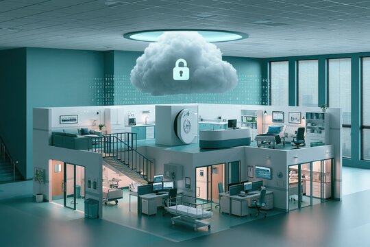 A secure cloud computing system protects sensitive data within a complex, multi-level digital infrastructure, featuring interconnected office spaces and server rooms under a glowing, locked cloud.