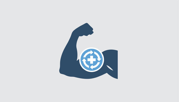 Muscle strength and recovery icon displaying a flexing bicep silhouette with a medical cross and circular arrow symbol.