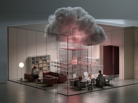 Secure cloud data management concept illustrated in a light-filled isometric office, where stylized individuals engage in tasks under a prominent white cloud with a padlock icon, representing robust.