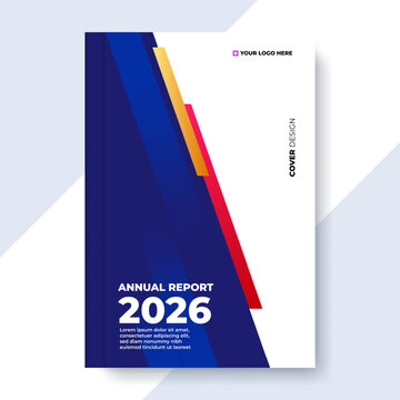Professional Navy Blue Geometric Annual Report Cover Template with Red and Gold Accents