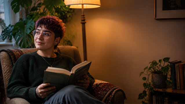Young Adult Reading a Book in a Cozy Warm Living Room
