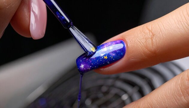 Nail Art Application with Blue Glitter Top Coat Gloss for Professional Manicure Design