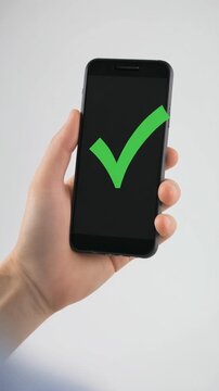 Hand holding smartphone with green checkmark against a plain white background