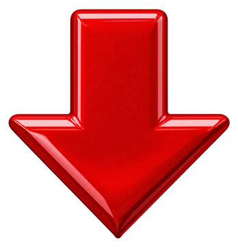 Glossy Red Downward Arrow Isolated on Transparent Background