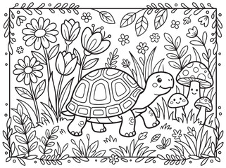 Obraz premium Cute Turtle in a Garden with Flowers and Mushrooms Coloring Page for Kids, Black and White Line Art Outline Activity for Children