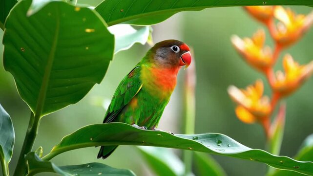 Tropical Morning Lovebird, A colorful lovebird enjoys a peaceful tropical morning while sitting on a broad green leaf. Gentle sunlight creates a fresh golden atmosphere as the bird blinks and slowly