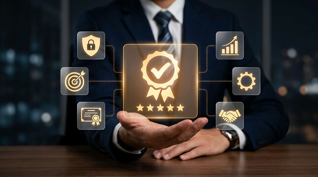 Businessman holding quality assurance certification and business icons symbol