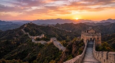 Obraz premium Great Wall of China at sunset winding through mountains. Ancient stone wall with watchtowers on ridge. Famous landmark and travel destination. History and architecture concept.