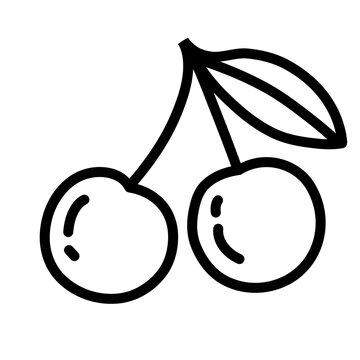 Two cherries with leaves and stems line icon
