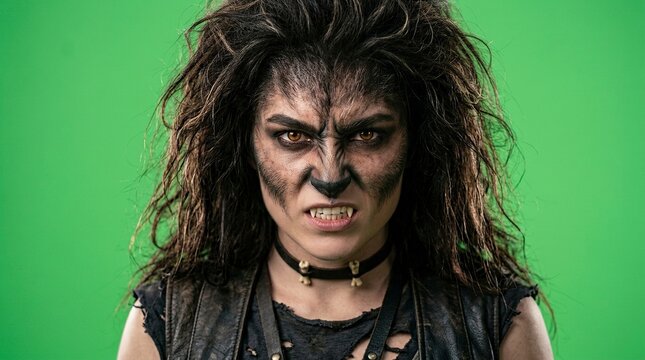 Intense Portrait of a Female Werewolf with Professional Special Effects Makeup Growling on Green Screen