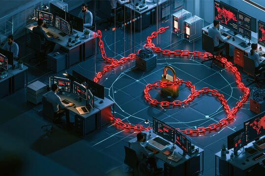 IT professionals manage a secure server infrastructure within a data center, protected by an intricate network of glowing red chains and a central padlock, symbolizing robust cybersecurity measures.