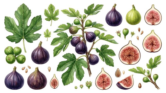 Watercolor Fig Fruit Collection Set with Leaves and Branches on White Background