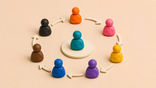 Colorful 3D clay figures in a circle with cycle arrows representing continuous business workflow agile process and feedback loop