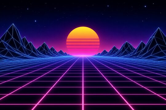 Retro grid landscape with neon sunset over mountains