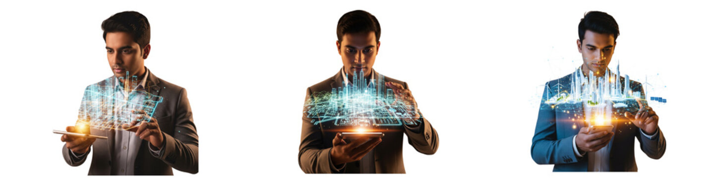 Professional man interacting with futuristic 3D holographic city model
