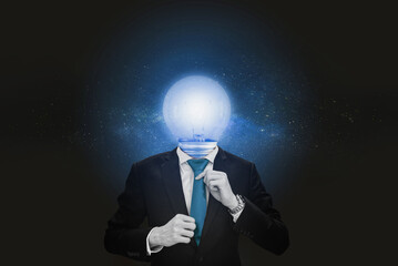 AI, Imagination, innovative, ideas business, and technology concepts. Businessman with bright light bulb head with stars background   © SasinParaksa