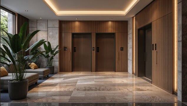 Generative AI depicts a modern, elegant elevator lobby with stylish design elements