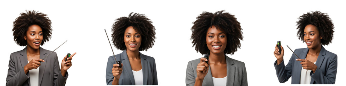 Professional woman using presentation pointer on isolated black background
