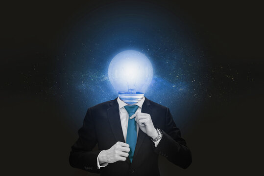 AI, Imagination, innovative, ideas business, and technology concepts. Businessman with bright light bulb head with stars background	
