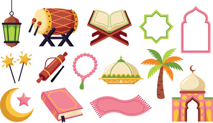 Fototapeta premium Islamic Ramadan Kareem and Eid Mubarak Holiday Vector Icon Set with Quran, Mosque, Crescent Moon, Lantern, Bedug Drum, and Prayer Rug for Muslim Cultural Celebrations,