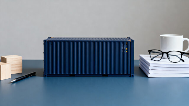 Minimalist workspace with blue shipping container storage and office essentials on a desk