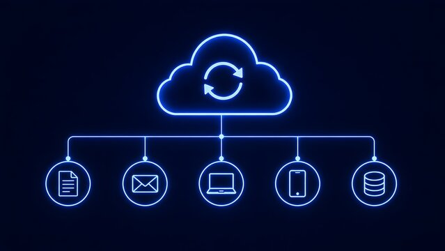 Glowing blue neon hierarchy diagram connecting cloud computing sync to document mail laptop phone and database icons