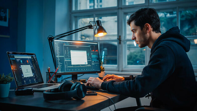 Focused software developer in hoodie coding at desk with dual monitors in dark room at night