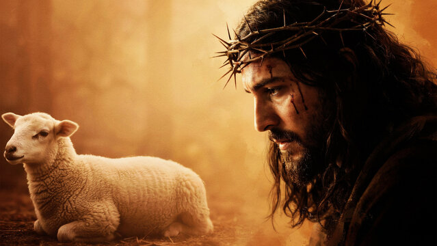 Jesus Christ wearing crown of thorns looking at sacrificial lamb of god in warm cinematic light