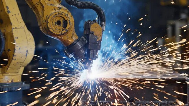 Automated Industrial Yellow Robotic Arm Welding Metal Sheet with Glowing Sparks in Factory for AI Manufacturing and Industry 4.0
