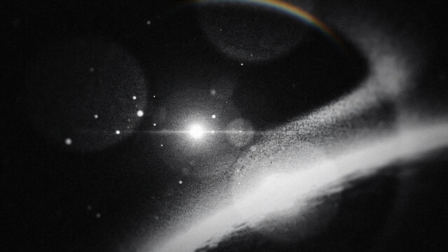 Monochrome space landscape with glowing planet ring arc and bright starburst lens flare