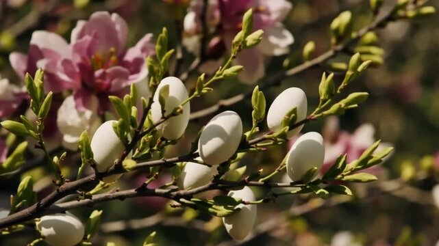 White easter eggs resting on blooming spring tree branches in a sunny garden