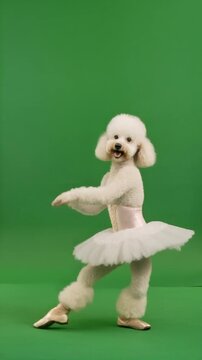 White Poodle dancing in a tutu against a bright green screen background