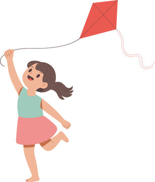 Cute little girl flying a red kite, happy childhood outdoor activity vector illustration design