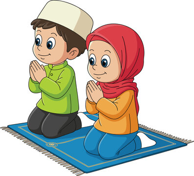 Muslim children praying together on prayer mat, islamic kids worship vector illustration design