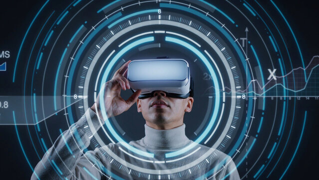 Man wearing virtual reality headset interacting with futuristic circular HUD data interface