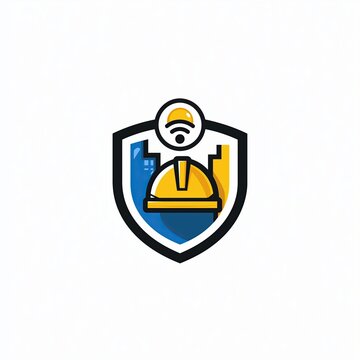 Construction safety shield logo with hard hat and wireless notification icon