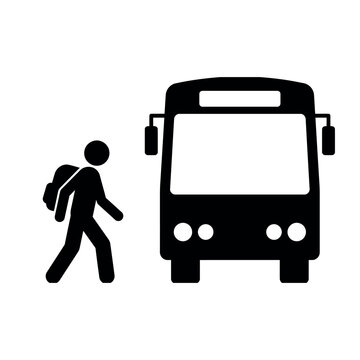 School bus stop icon with student silhouette, public transport vector symbol, passenger boarding city bus sign for navigation