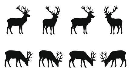 Naklejka premium Set of black silhouettes of deer standing and grazing, vector illustration