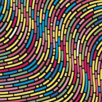 Abstract vector background with colorful curved lines on black. Dynamic flowing pattern, modern design texture, vibrant stripes composition, square format for creative graphic use