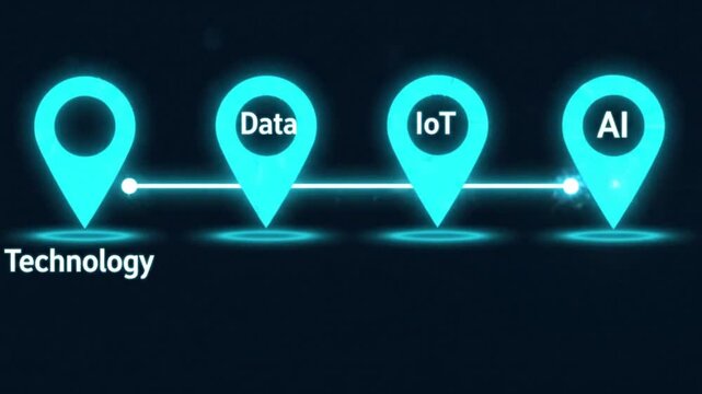 Glowing Neon Pin Timeline Infographic Showing Technology, Data, IoT, and AI Roadmap for Digital Transformation and Strategic Planning