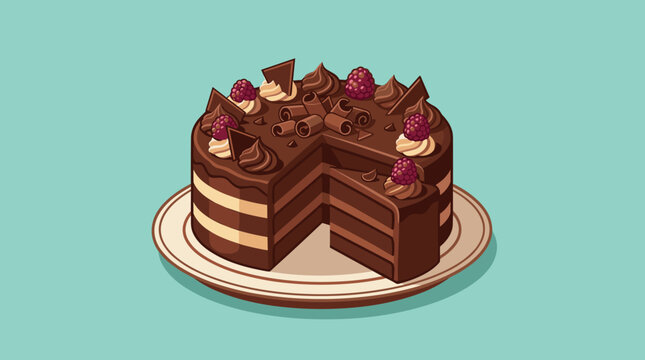 Vector illustration of a layered chocolate cake with raspberries, chocolate shavings, and cream swirls on a plate with one slice cut out, isolated on a light blue background.