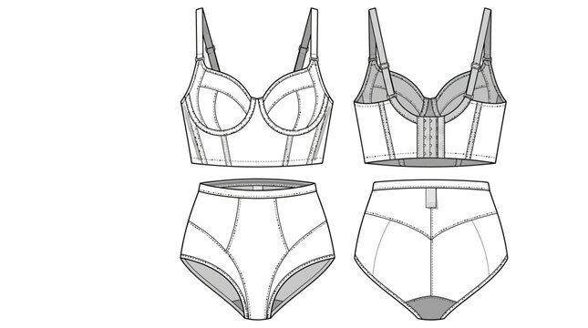 Fashionable lingerie set sketch as a detailed technical vector illustration for apparel design development and garment construction