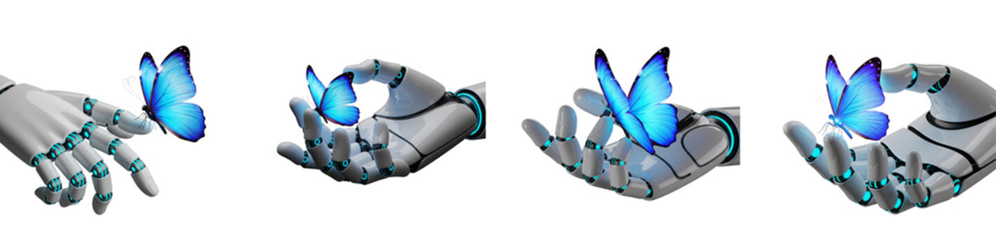 Robotic hands holding glowing blue butterflies against a black background