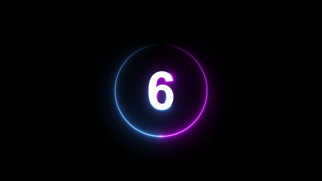 A dynamic circular animation, and glowing count neon number 6 animation . on a black background. and creating a stunning 4k video.