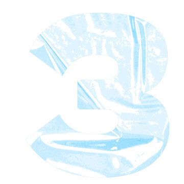 Abstract Number 3 with Blue Plastic Texture, Crumpled Wrinkled Plastic Surface, Glossy Translucent Material, Modern Numeral Design, Creative Typography Element Isolated on Transparent Background